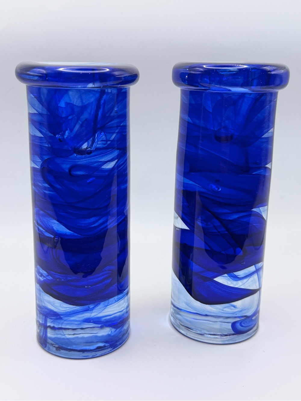 Kosta Boda Atoll Cobalt Blue Glass Candlestick Holders Pair Anna Ehrner Sweden